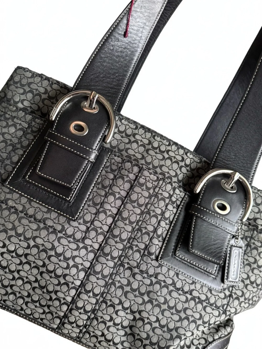 Vintage Coach Gray Signature Monogram Shoulder Tote with Black Trim